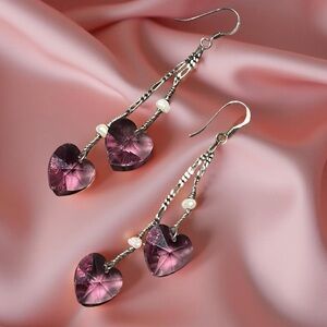 🆕 Vintage Sterling Silver Pink Swarovski Heart & Pearl Dangle Earrings